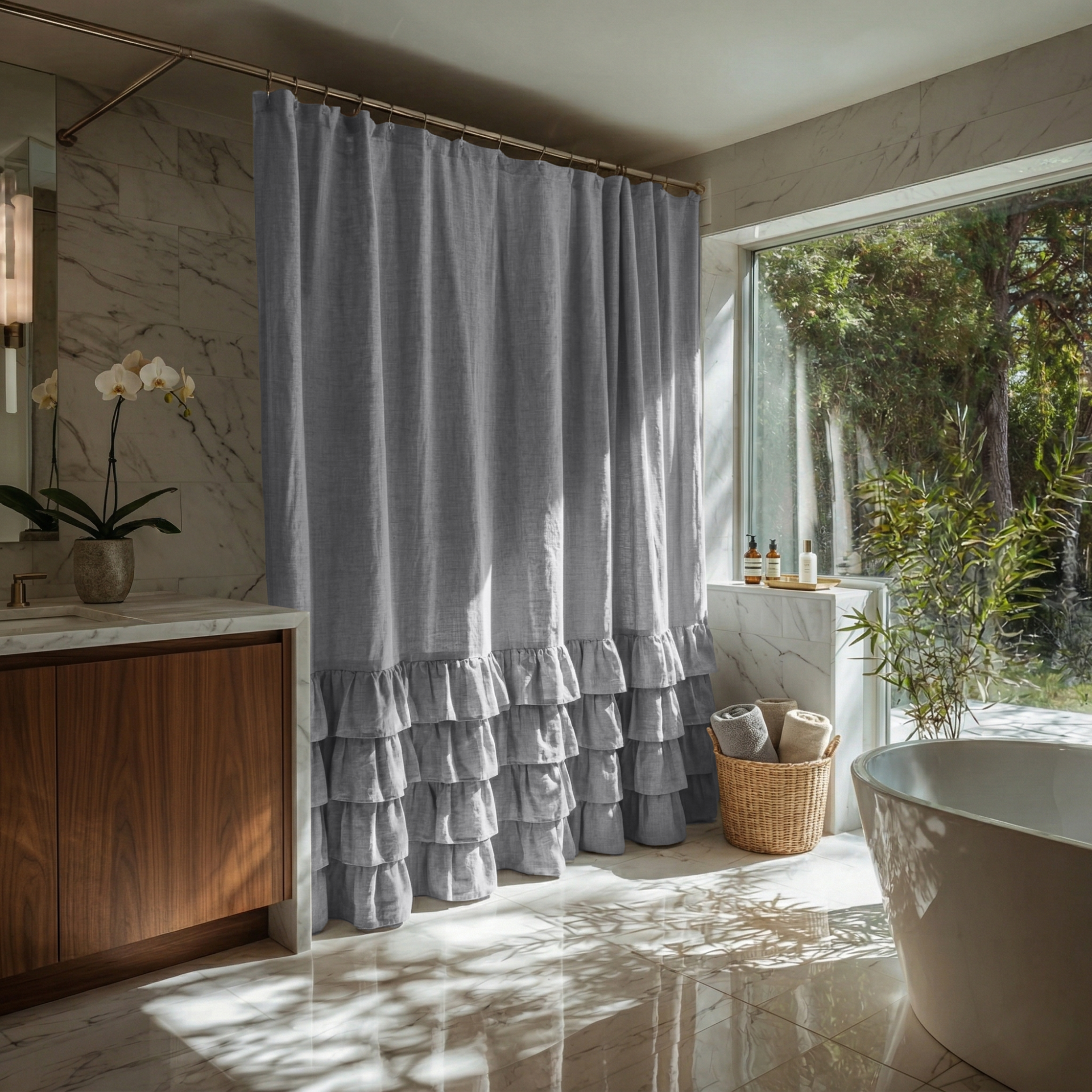 Stone Grey Linen Ruffle Shower Curtain in a Marble Bathroom
