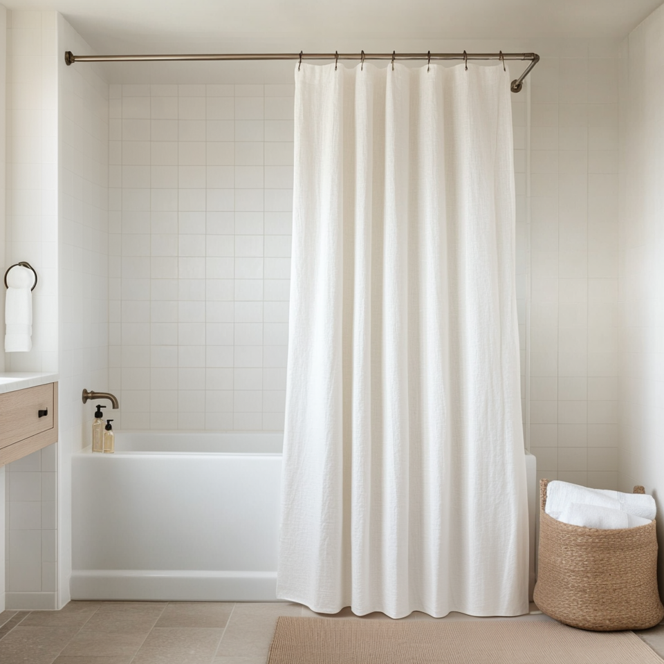 White Linen Shower Curtain – Extra Long Linen Shower Panel – 3HLinen Inc.