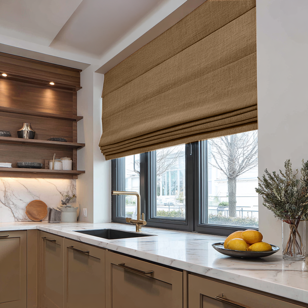 Tawny Brown Linen Blackout Roman Shades