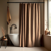 Linen Tawny Brown Button-Hole Top Shower Curtain in a Modern Bathroom with Neutral Walls