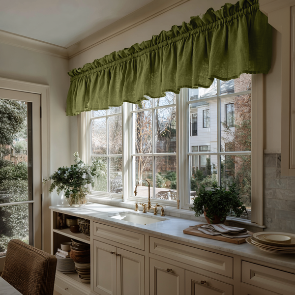 Country Style Moss Green Linen Valance – Earthy Green Farmhouse