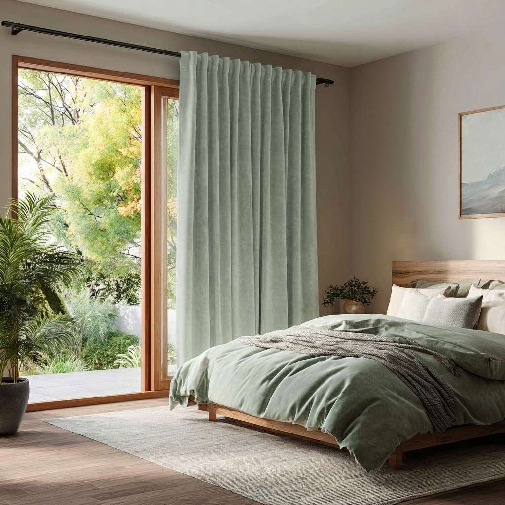 Mint Green Velvet Back Tab Blackout Curtains for Sliding Doors in a Bedroom with Beige Walls
