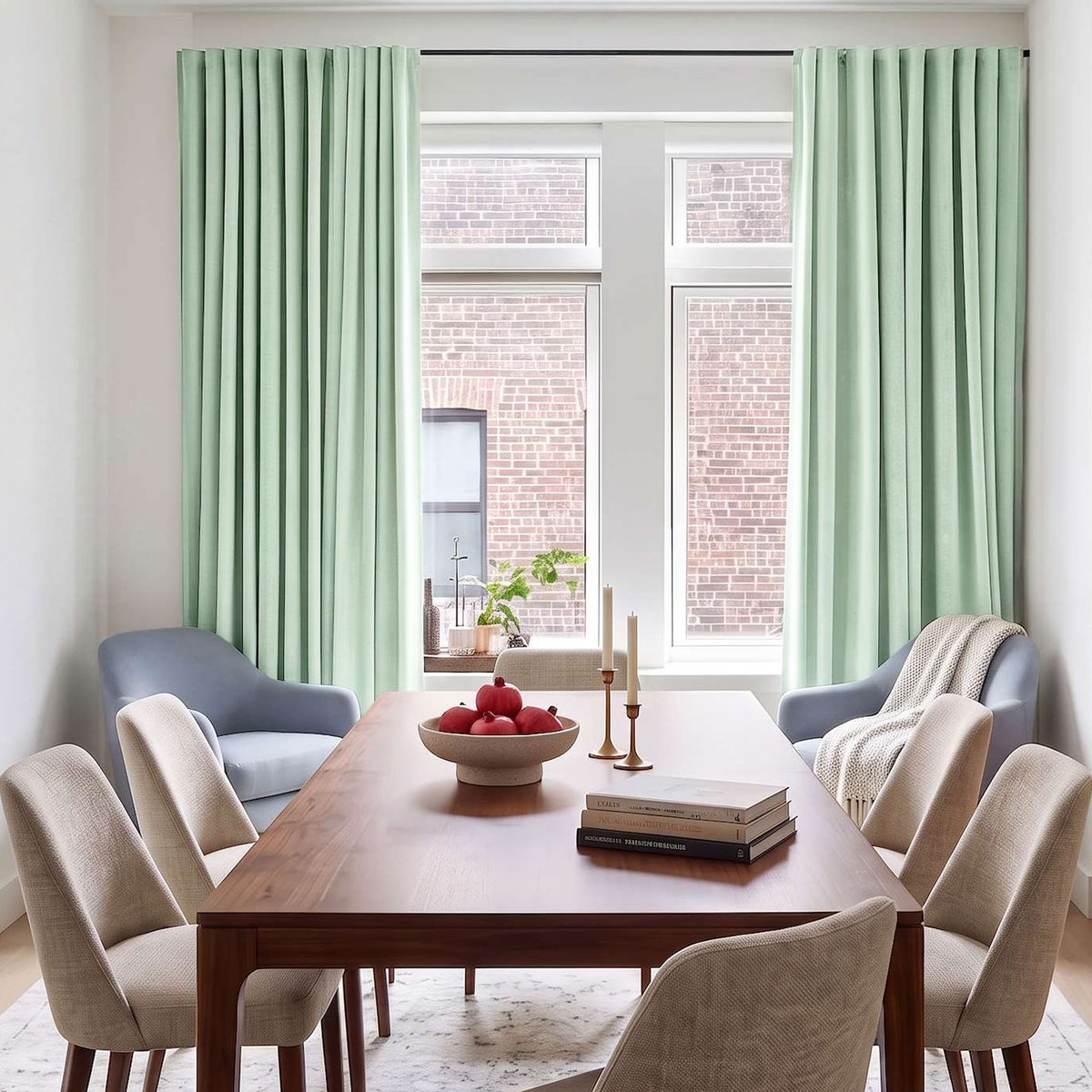 Mint Green Velvet Curtains in a Rich Dining Room with White Walls and a Wooden Table, Soft Beige Chairs, Pomegranate Dish