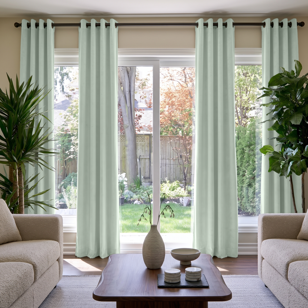 Mint Green Velvet Grommet Curtains in a Contemporary Living Room with Cream Armchairs and a Walnut Coffee Table