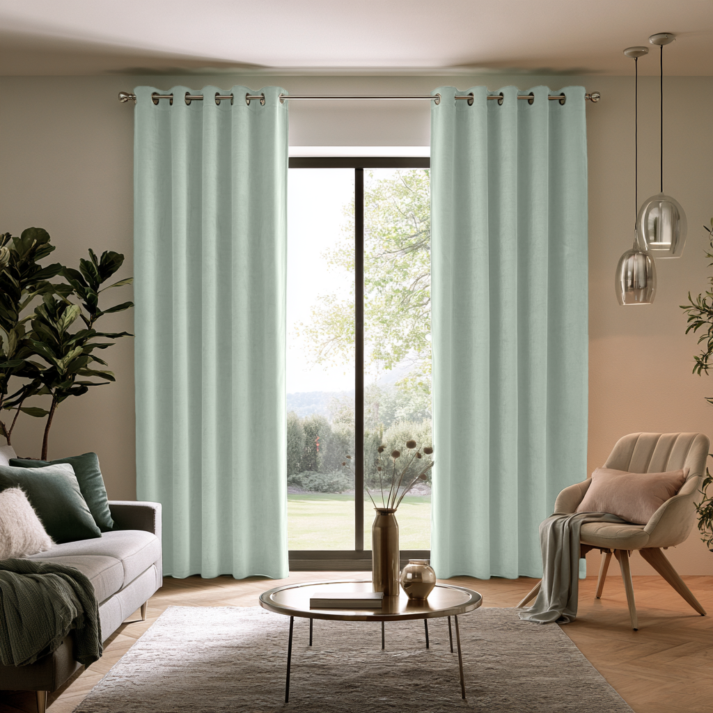 Mint Green Velvet Grommet Extra Long Curtains in a Contemporary Living Room with Sliding Glass Doors and Garden View