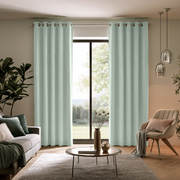 Mint Green Velvet Grommet Extra Long Curtains in a Contemporary Living Room with Sliding Glass Doors and Garden View