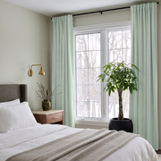 Mint Green Velvet Multitape Thermal Curtains in a Minimal Bedroom with Soft Gray Walls and White Bedding