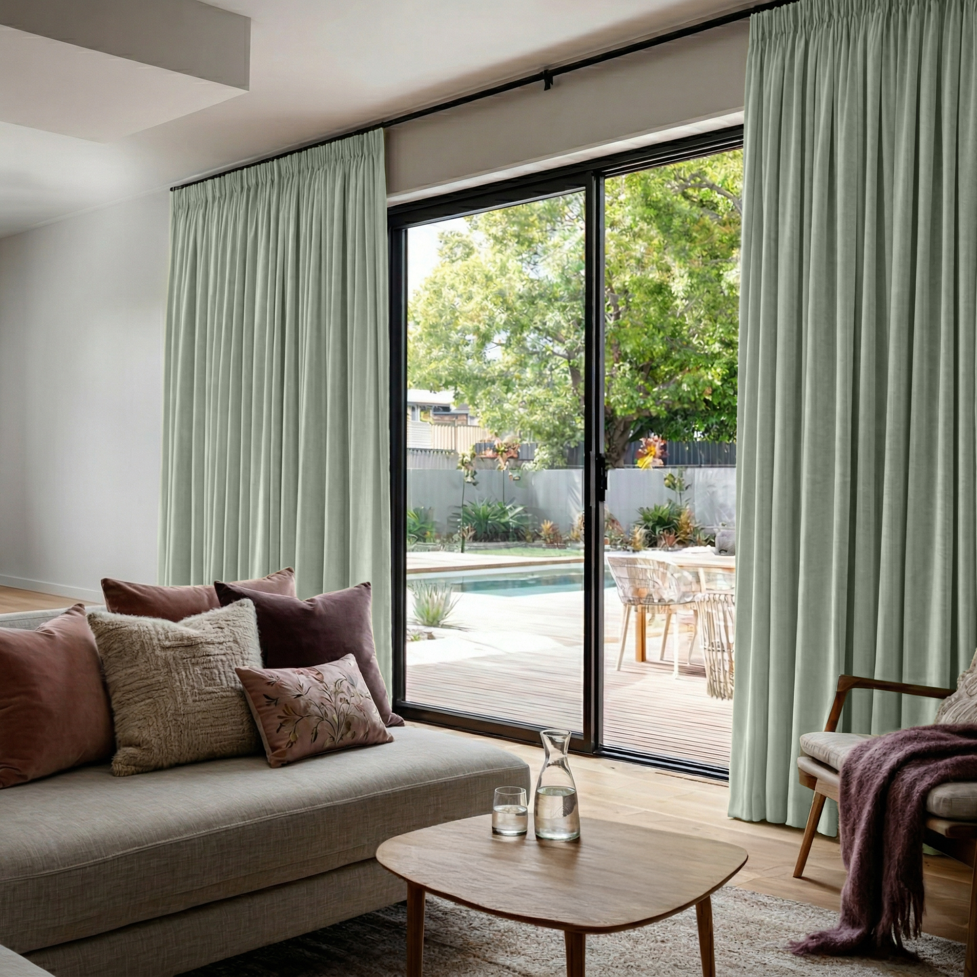 Mint Green Velvet Pencil Pleat Blackout Curtains for Sliding Doors in a Living Room with Light Grey Walls