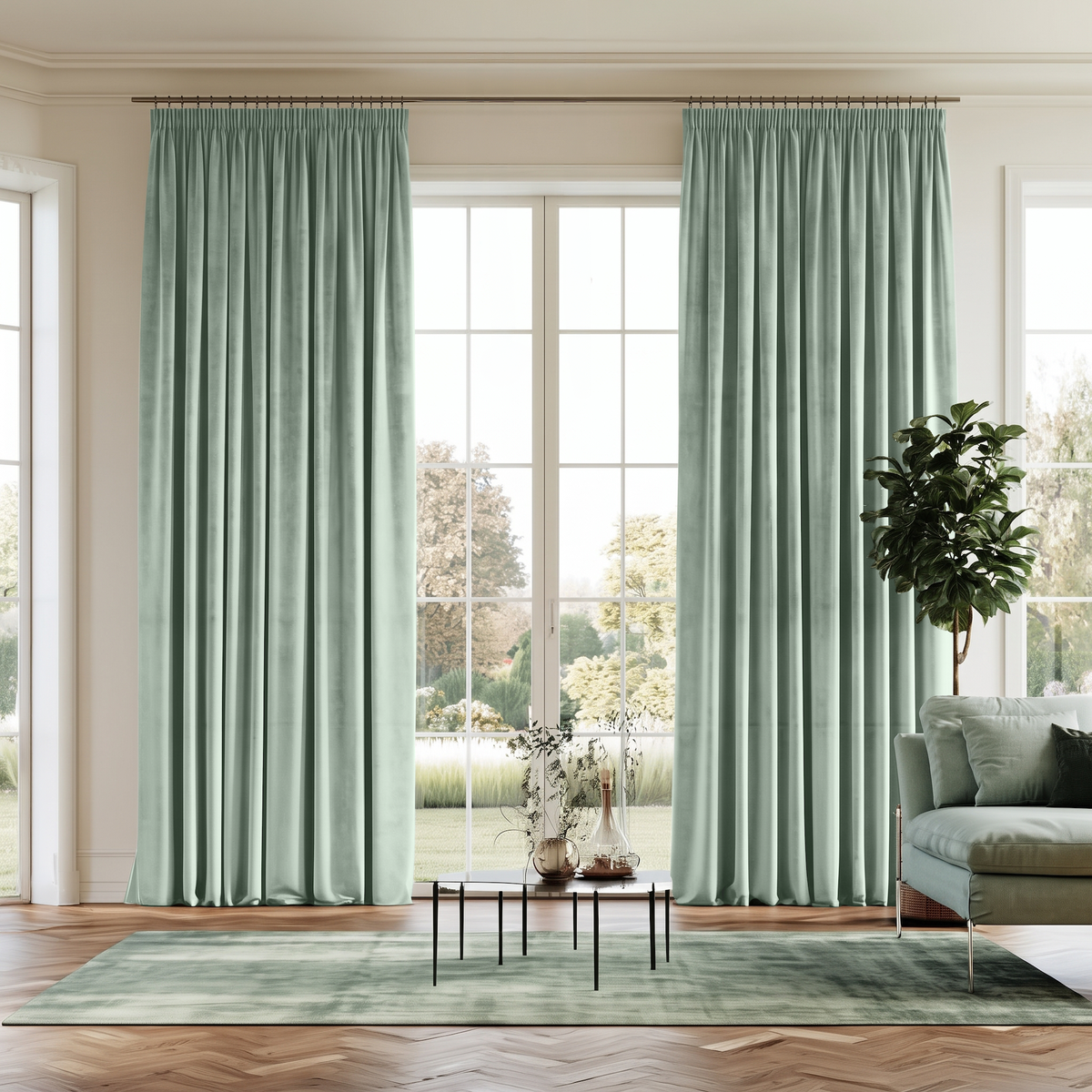 Mint Green Velvet Pencil Pleat Extra Long Curtains in a Transitional Living Room with French Doors and Wooden Floor
