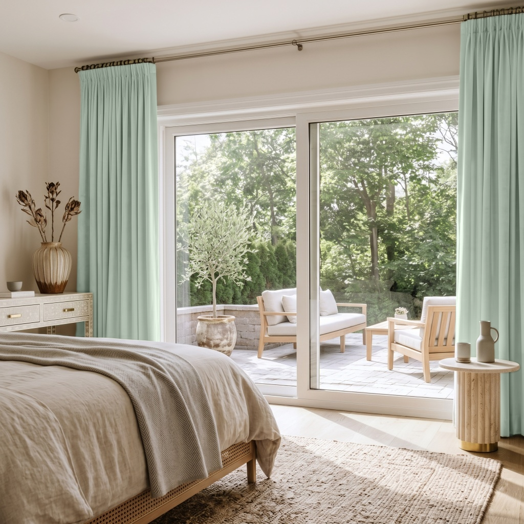 Mint Green Velvet Pencil Pleat Sliding Patio Door Curtains in a Contemporary Bedroom with Beige Bedding and Light Wood Furniture
