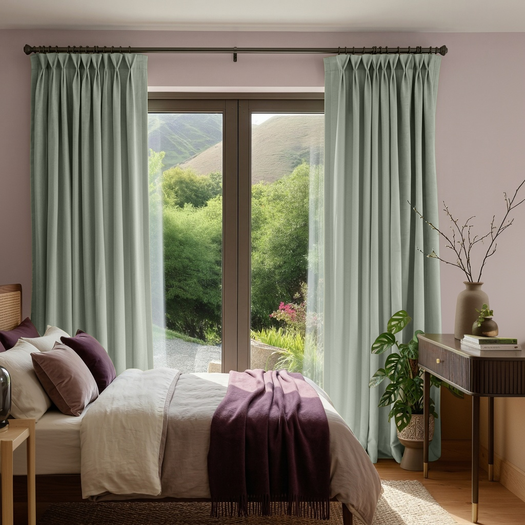 Mint Green Velvet Pinch Pleat Blackout Curtains for Sliding Doors in a Bedroom with Lavender Walls