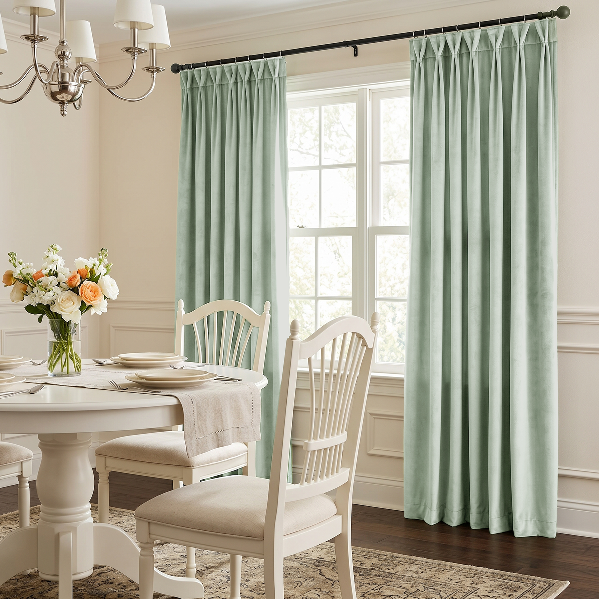 Soft Mint Green curtains frame a bright dining room window, creating a fresh and elegant atmosphere in the classic interior.