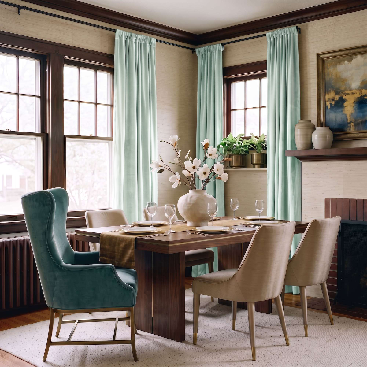 Mint Green Velvet Curtains in a Rich Dining Room with Beige Walls and a Wooden Table, Wooden Chairs with Soft Seats, White Flower Vase