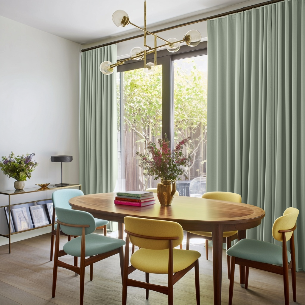 Mint Green Velvet S-Fold Blackout Curtains for Sliding Doors in a Dining Room with White Walls