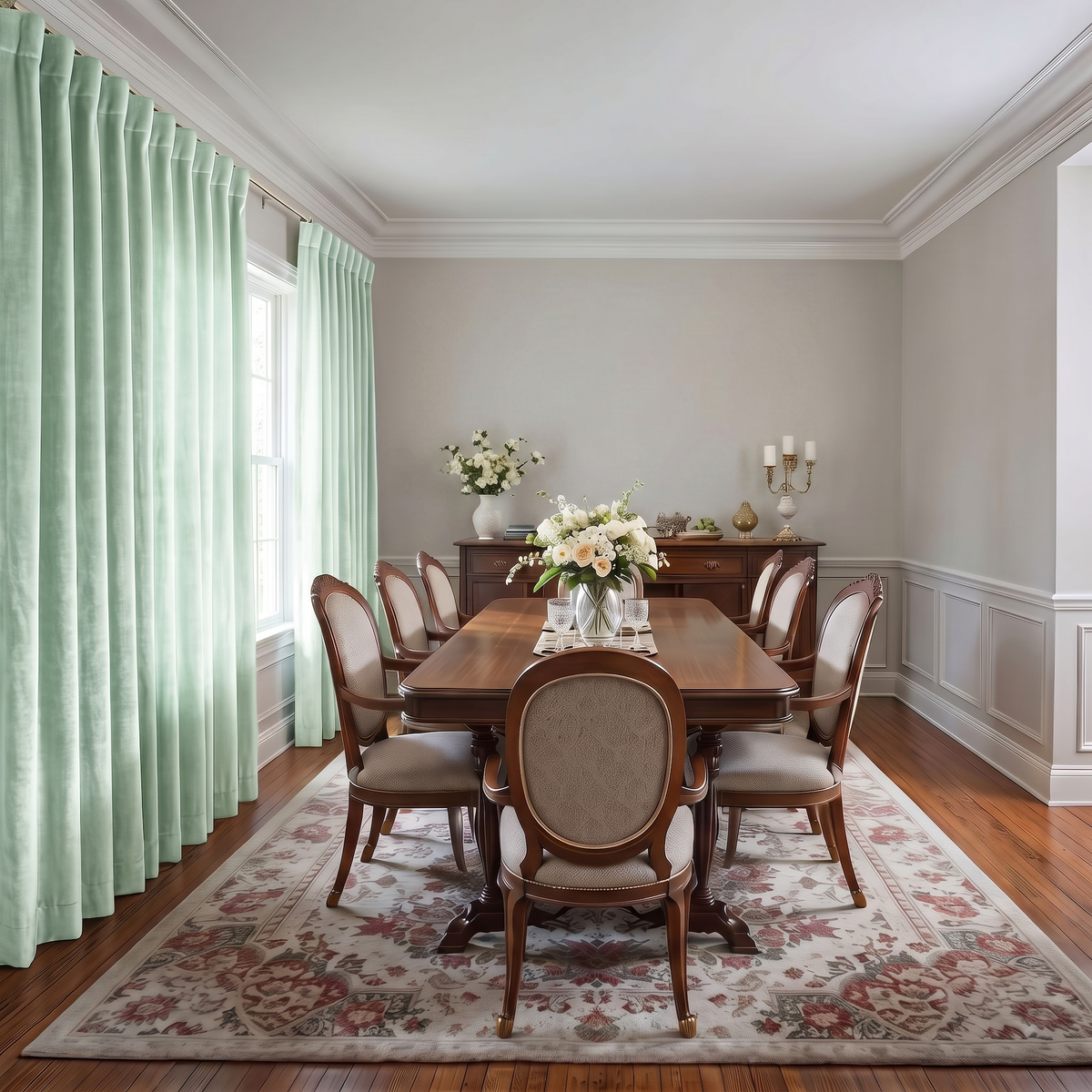 Mint Green Velvet Curtains in a Rich Dining Room with White Walls and a Wooden Table, Wooden Chairs with Soft Seats, Large Flower Vase