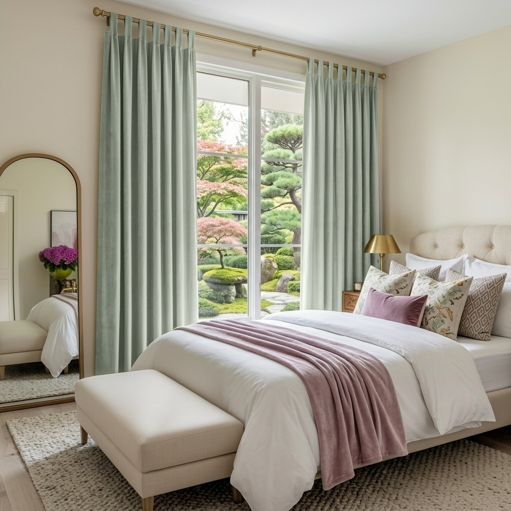 Mint Green Velvet Tab Top Blackout Curtains in a Bedroom with Cream Walls