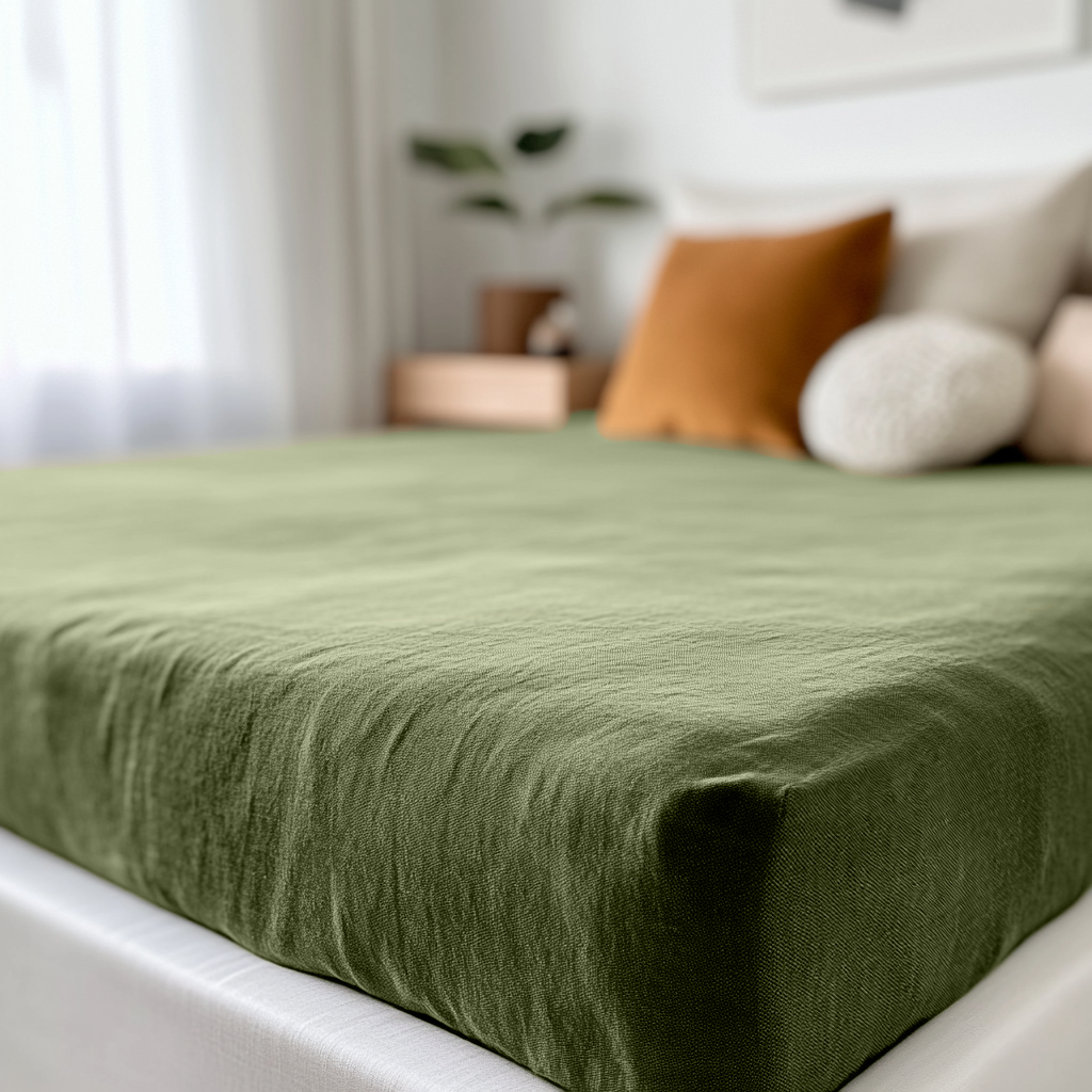 Moss Green Linen Fitted Sheet Close-Up Image