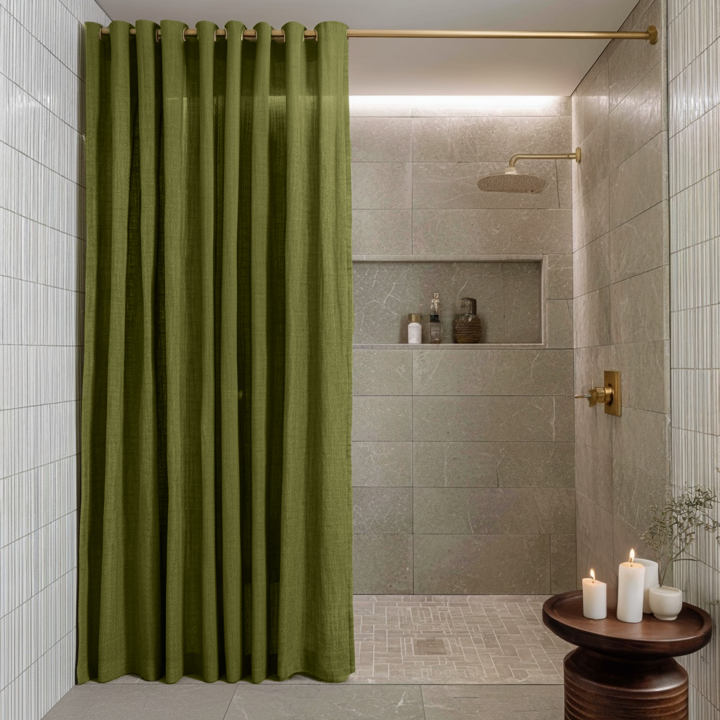 Moss Green Hookless Linen Shower Curtain