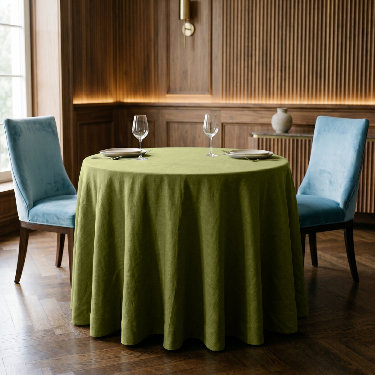 Moss Green Linen 42 Inch Round Tablecloth in a Warm Dining Room with Walnut Wood Paneling and Sky Blue Velvet Chairs