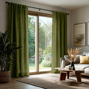 Moss Green Linen Back Tab Curtains for Sliding Doors in a Living Room with Light Grey Walls - Cotton Lining
@Heading: Back Tabs