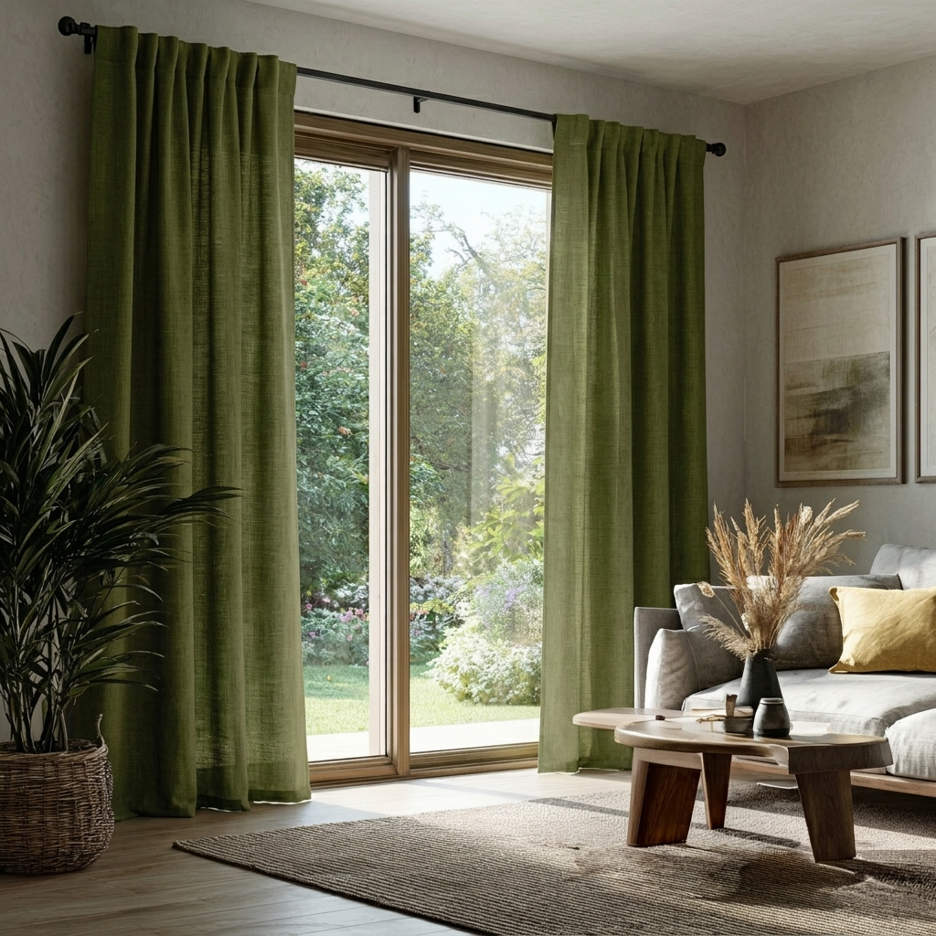 Moss Green Linen Back Tab Curtains for Sliding Doors in a Living Room with Light Grey Walls - Cotton Lining
@Heading: Back Tabs