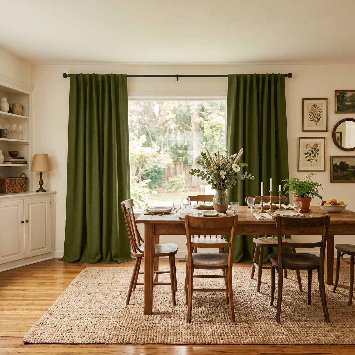 Moss Green Linen Back Tab Curtains in a Traditional Dining Room with Wooden Furniture and Garden Views