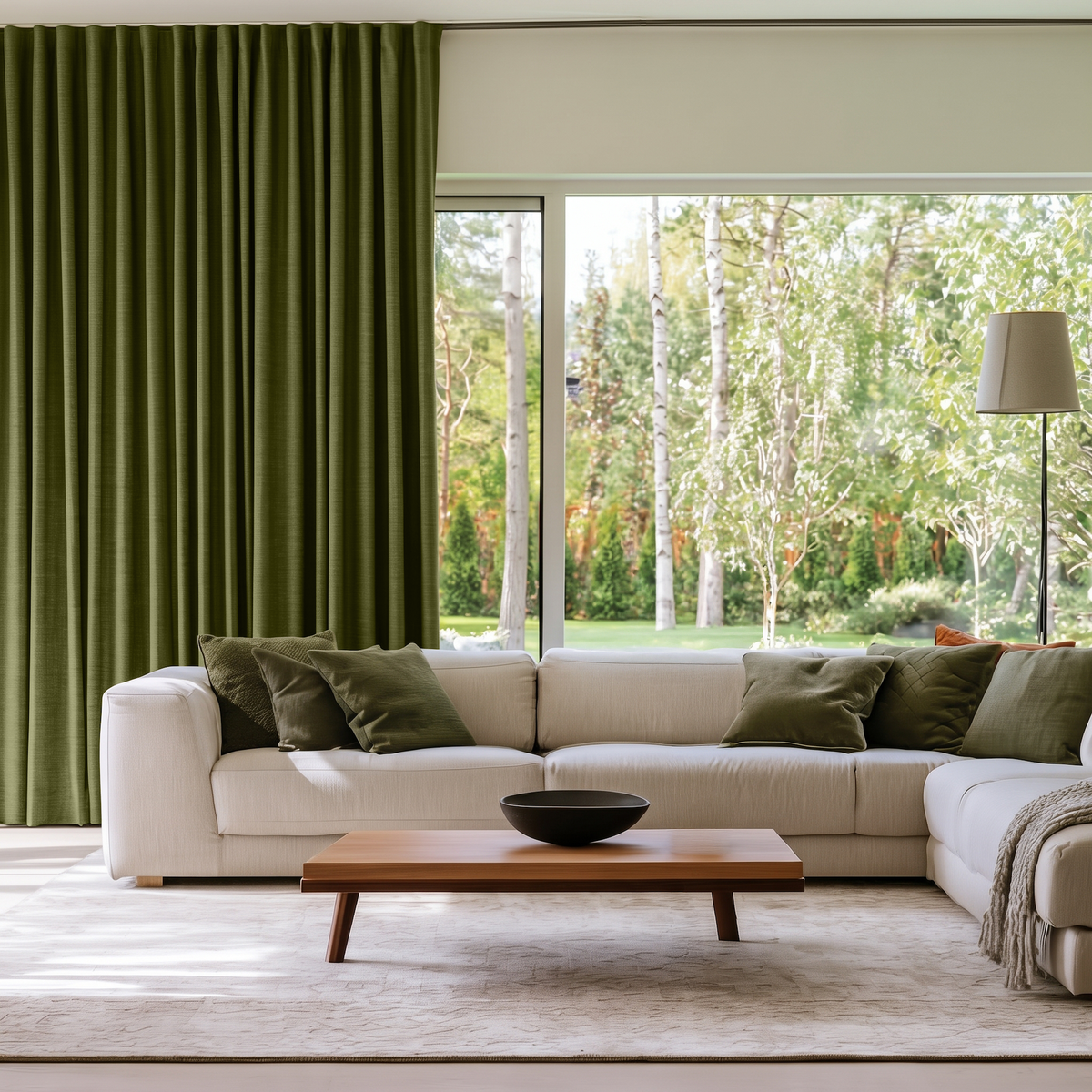 Moss Green Linen Back Tab Extra Long Curtains in a Styled Living Room with Cream-Colored Sectional Sofa, Matching Green Pillows and a View of a Garden Outside