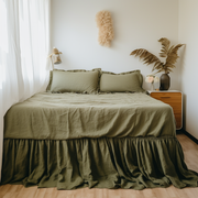 Moss Green Linen Bed Skirt with Gathered Ruffles