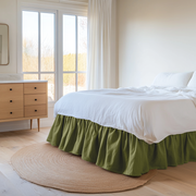 Moss Green Linen Bed Skirt with Gathered Ruffles