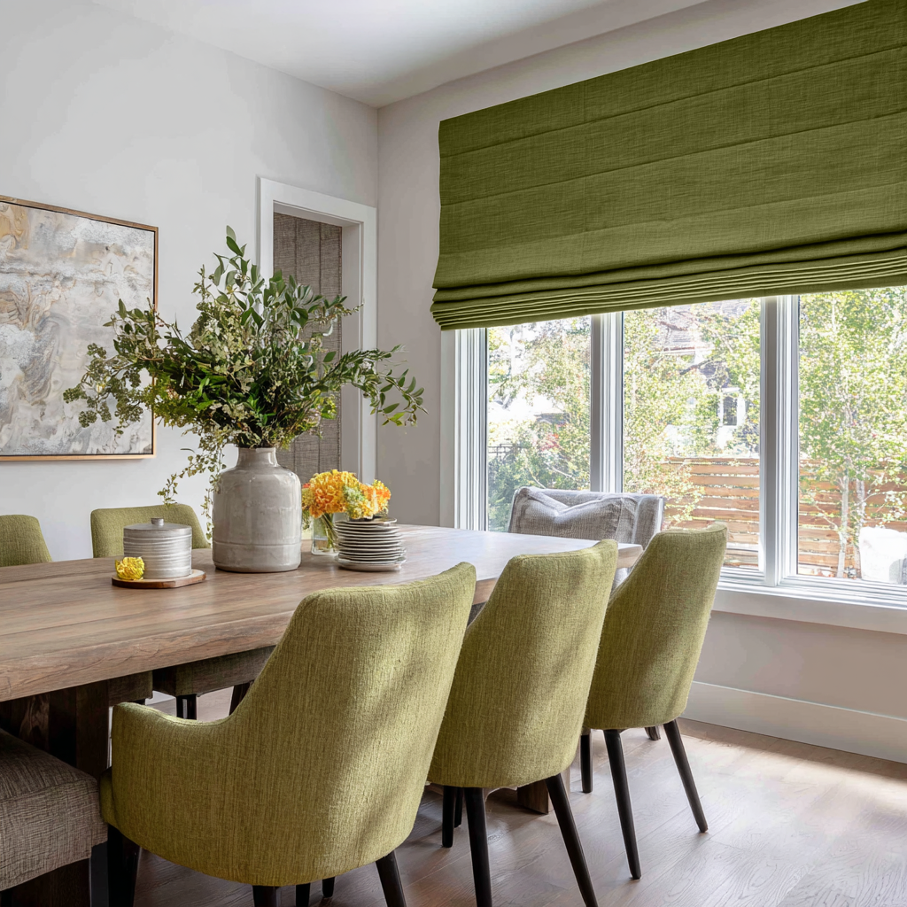 Moss Green Linen Roman Shades - Blackout Lining