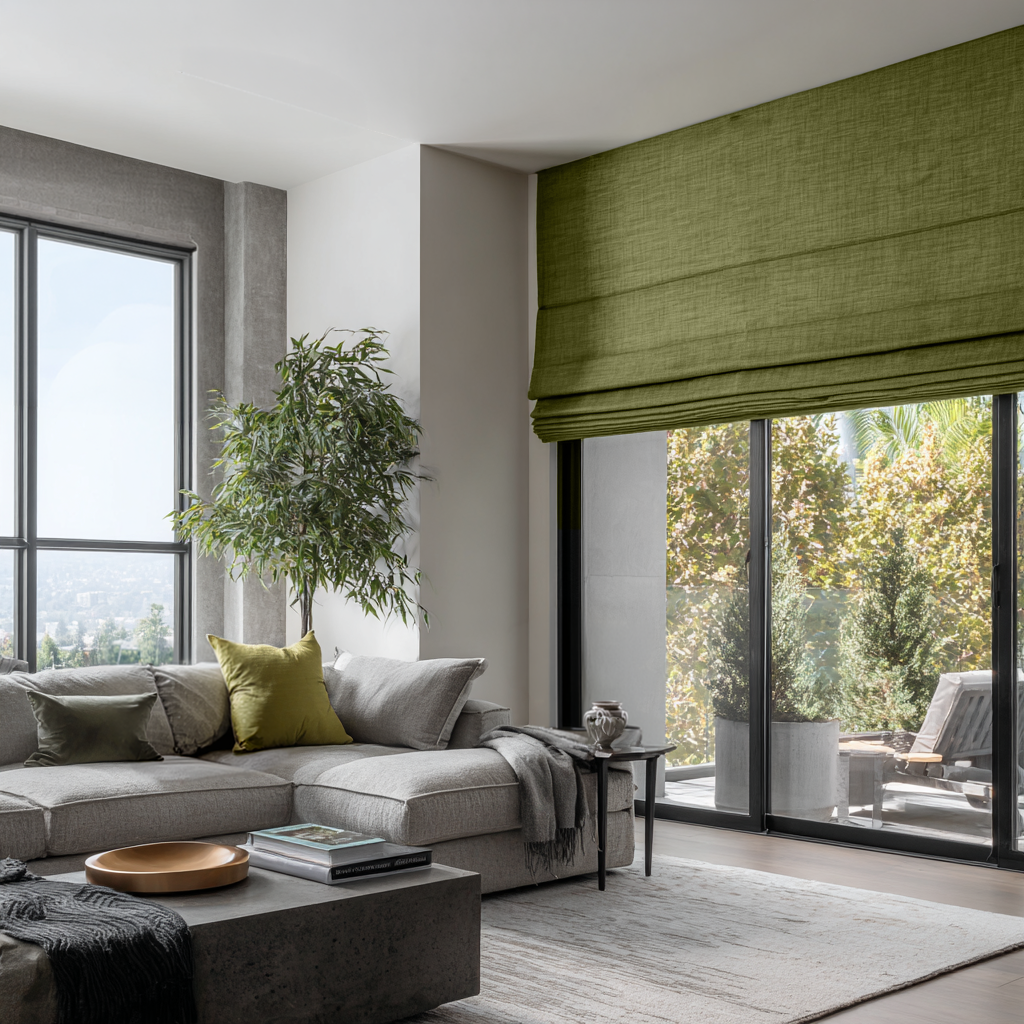 Moss Green Linen Blackout Roman Shades