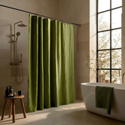 Moss Green Linen Button-Hole Top Shower Curtain in a Modern Bathroom