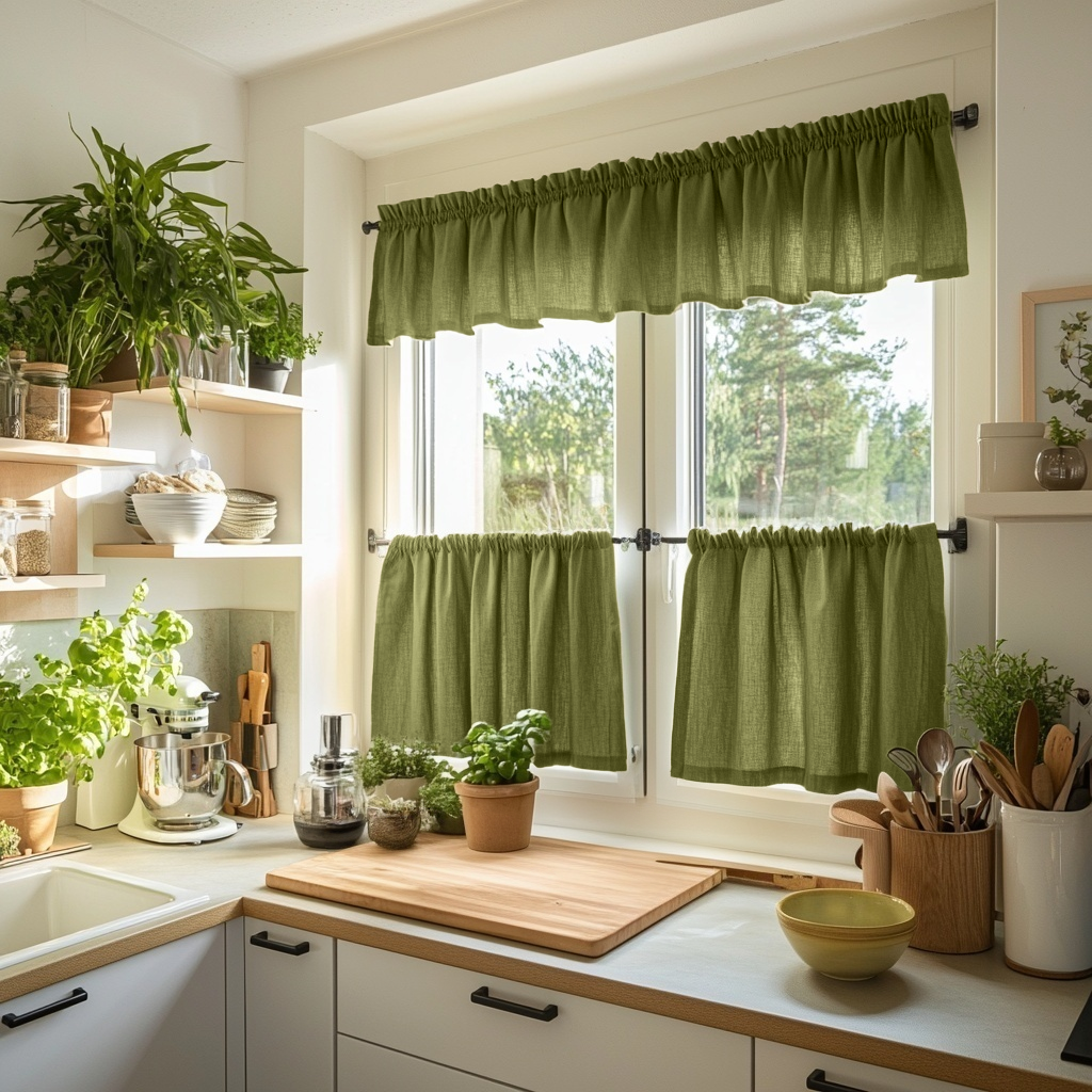 Moss Green Linen Cafe Curtains Valance Set