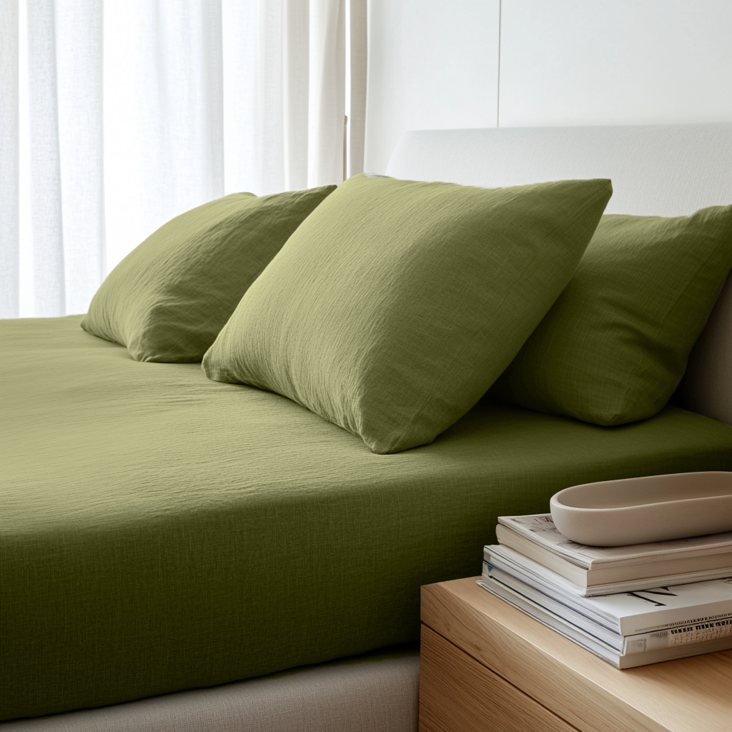 Moss Green Washed Linen Deep Pocket Fitted Sheet 