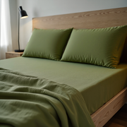 Moss Green Washed Linen Deep Pocket Fitted Sheet Set