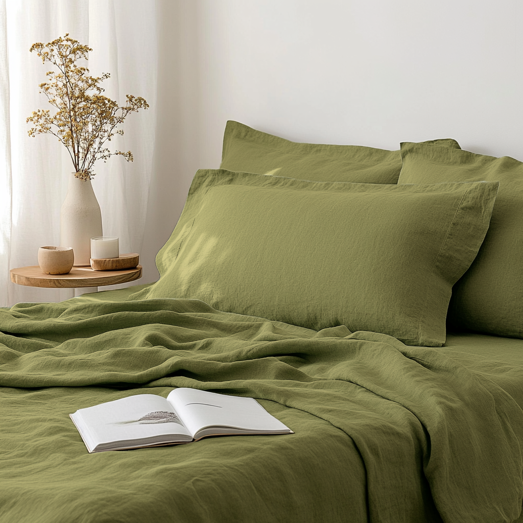 Moss Green Linen Flat Sheet - Close Up Photo
