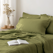 Moss Green Linen Flat Sheet - Close Up Photo