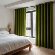 Moss Green Linen Grommet Bedroom Curtains in a Minimal Bedroom with a Walnut Wood Bed Frame and Warm Beige Accents - Blackout Lining