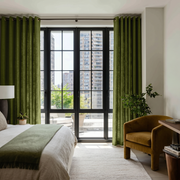 Moss Green Linen Grommet Bedroom Curtains in a Contemporary Bedroom with  a Mustard Yellow Chair - Cotton Lining