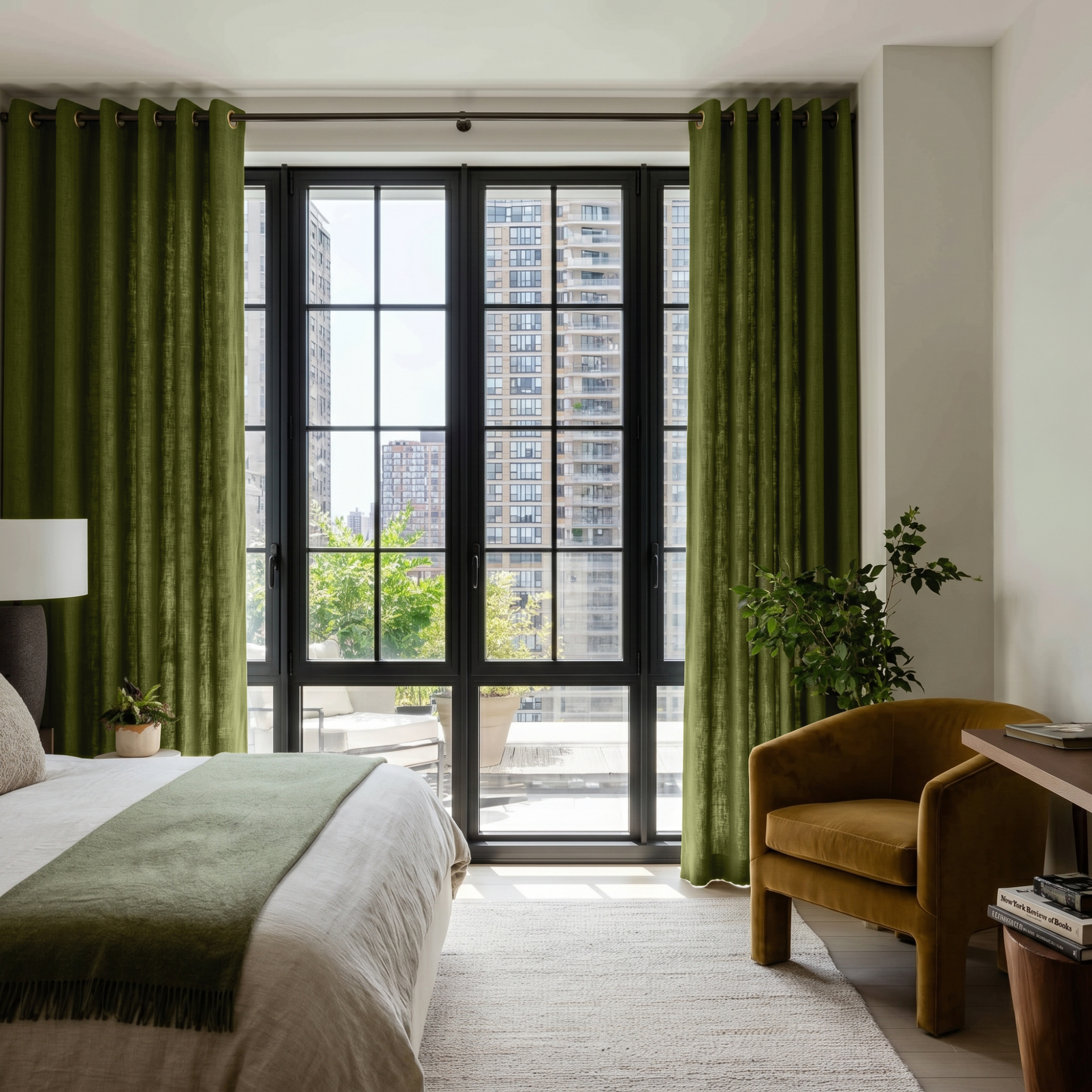 Moss Green Linen Grommet Bedroom Curtains in a Contemporary Bedroom with  a Mustard Yellow Chair - Cotton Lining