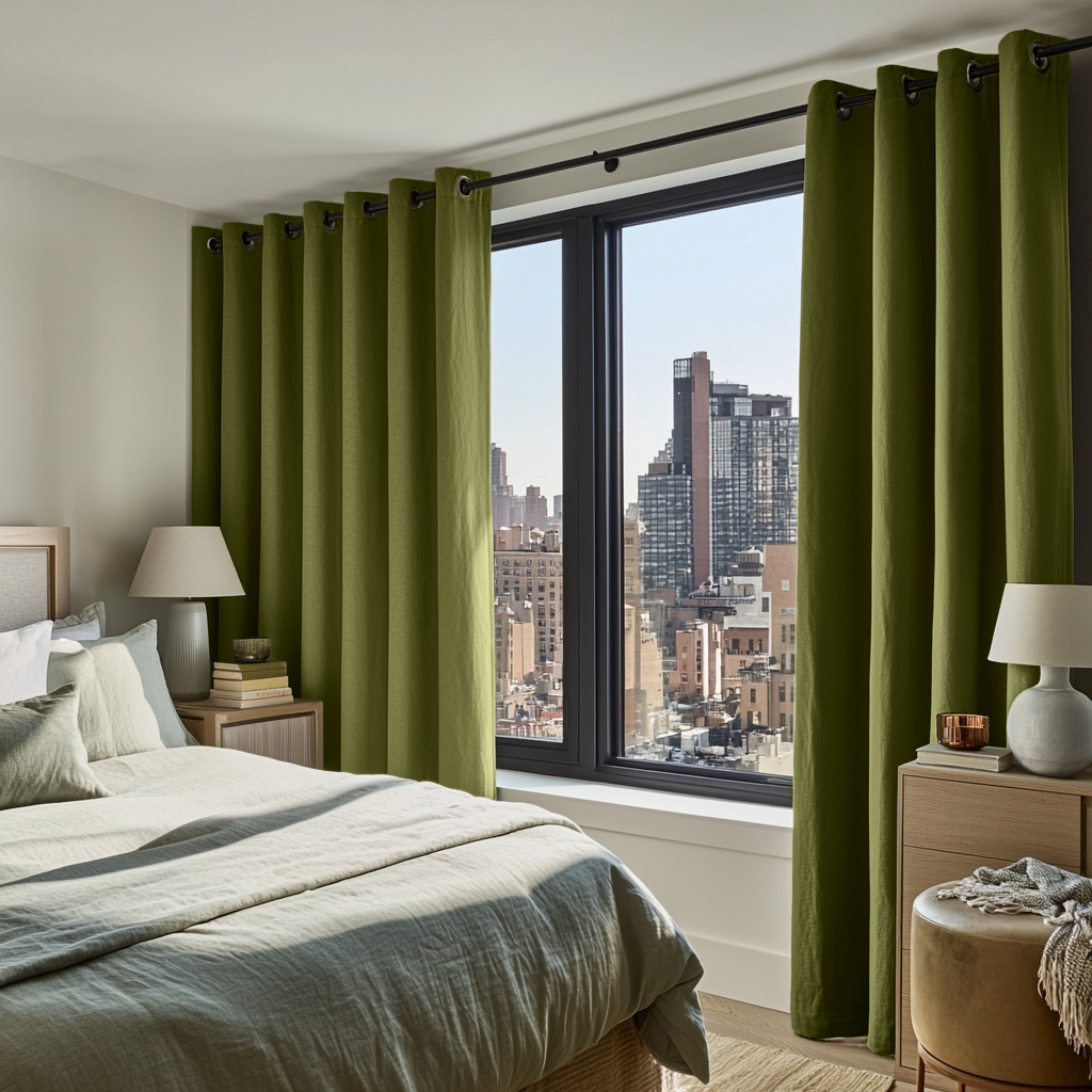 Moss Green Linen Grommet Curtains - Blackout Lining