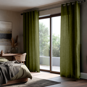 Moss Green Linen Grommet Curtains for Sliding Doors in a Bedroom with Grey Walls
@Heading: Grommets