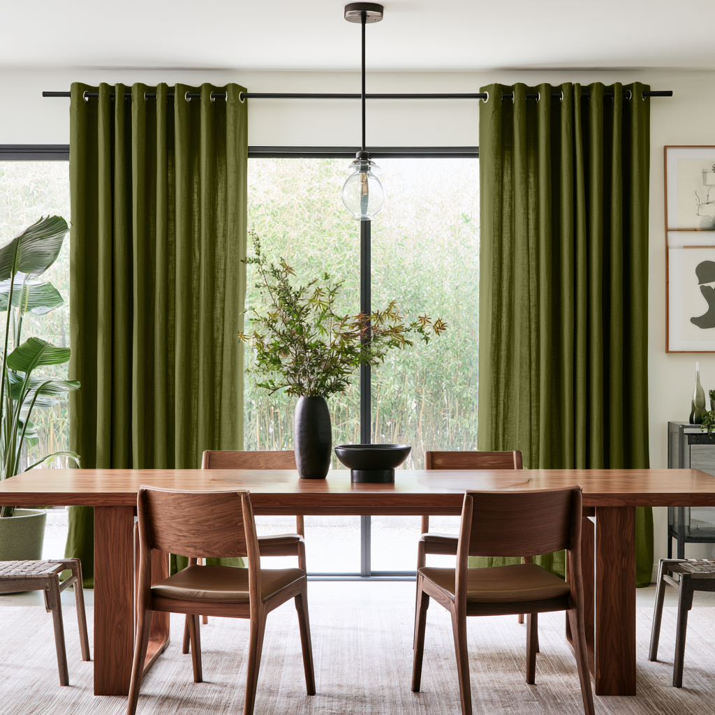 Moss Green Linen Grommet Curtains in a Contemporary Dining Room with Walnut Furniture and Large Garden Windows