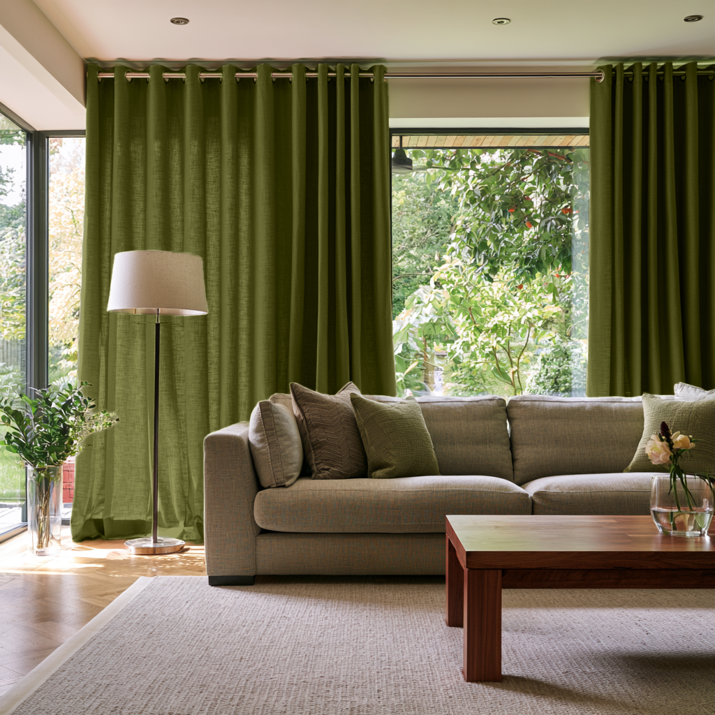 Moss Green Linen Grommet Extra Long Curtains in a Modern Living Room with Beige Sofa and Garden View
