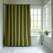 Linen Hookless Shower Curtain Moss Green in a Contemporary Bathroom with White Walls