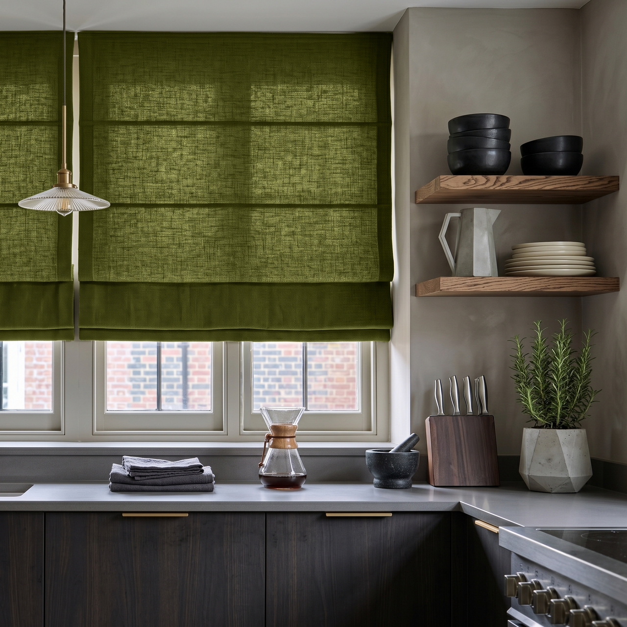 Moss Green Linen Roman Shades in a Moody Kitchen with Dark Wood Cabinetry - Cotton Lining