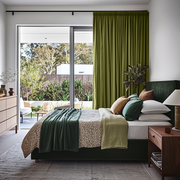 Moss Green Linen Pencil Pleat Curtains for Sliding Doors in a Bedroom with White Walls
@Heading: Pencil Pleat