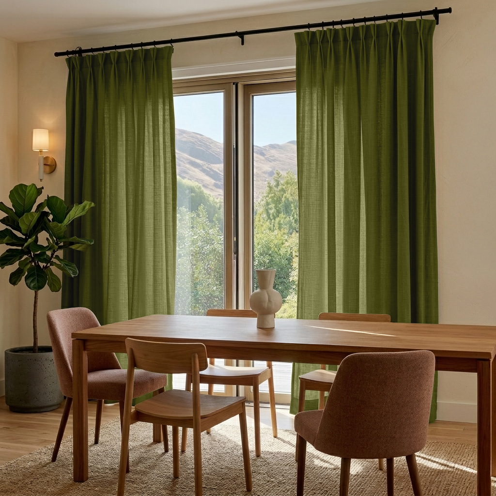 Moss Green Linen Pinch Pleat Curtains for Sliding Doors in a Dining Room with Cream Walls - Cotton Lining
@Heading: Pinch Pleat