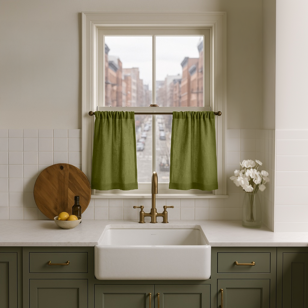 Moss Green Linen Kitchen Cafe Curtains