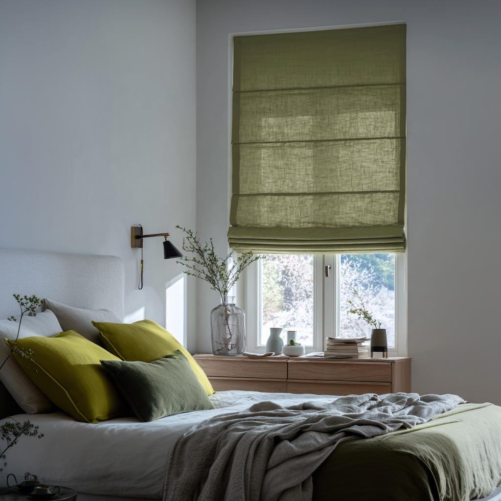 Moss Green Linen Roman Shades